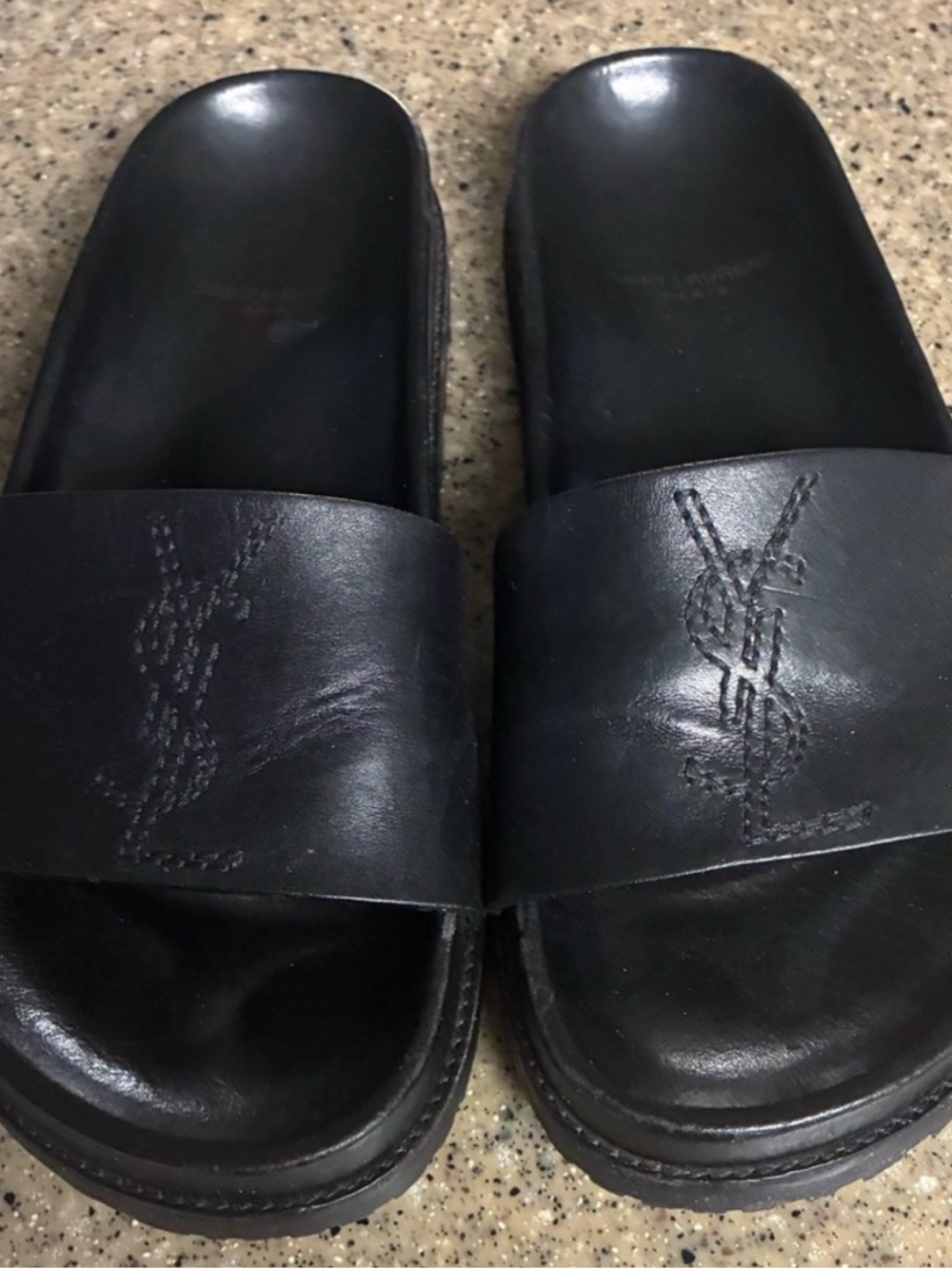 Saint Laurent Black Leather YSL Logo Slide Sandals